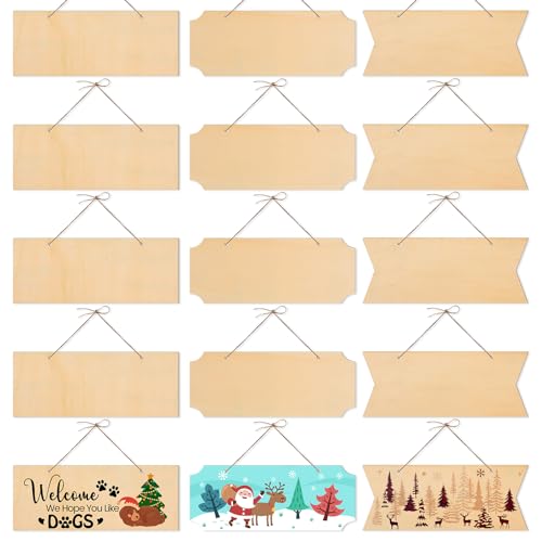 15 Pieces Unfinished Hanging Wood Sign Rectangle Blank Hanging Decorative Wood Plaque Wooden Slices Banners with Ropes for Pyrography Painting Writing DIY Home Crafts Supplies,Christmas Ornaments DIY
