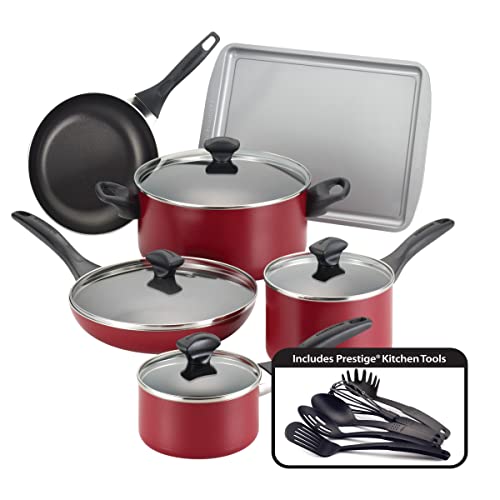 Farberware Dishwasher Safe Nonstick Cookware Pots and Pans Set, 15 Piece, Red