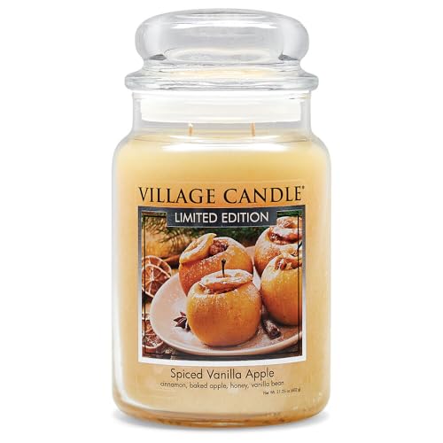 Village Candle Spiced Vanilla Apple, Large Glass Apothecary Jar Scented Candle, 21.25 oz, Ivory
