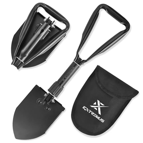 Extremus Folding Shovel- Heavy Duty Carbon Steel Military Shovel, Mini Portable Camping Shovel, Entrenching Tool for Off Road, Hiking, Digging Dirt, Sand, Mud & Snow