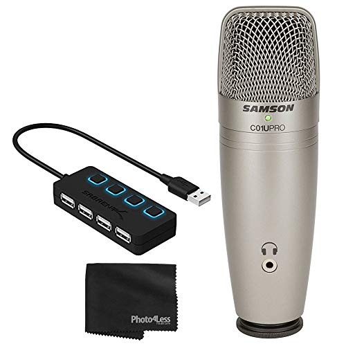 Samson C01U PRO USB Studio Condenser Microphone (Silver) + 4 Port USB 2.0 Hub with Individual LED Lit Power Switches + Cleaning Cloth - Deluxe Mic Bundle