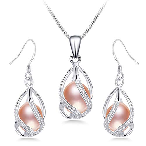 HENGSHENG 100% Natural Freshwater Pearl Jewelry Sets For Women Fashion 925 Sterling Silver Earrings&Pendant Wedding Jewelry Pink