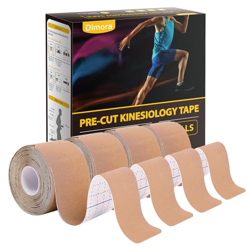 Dimora Kinesiology Tape 4 Rolls - Elastic Cotton Athletic Tape, 65.6 ft 80 Precut Strips in Total, Medical Grade Adhesive Sports Tape for Muscle Pain Relief and Joint Support