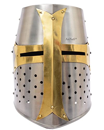 AnNafi Brass Crusader Helmet | Medieval Metal Knight Helmets | Premium Quality with Fitted Leather Liner | Dark Crusades Helmet Wearable for Adult | Medieval Costumes