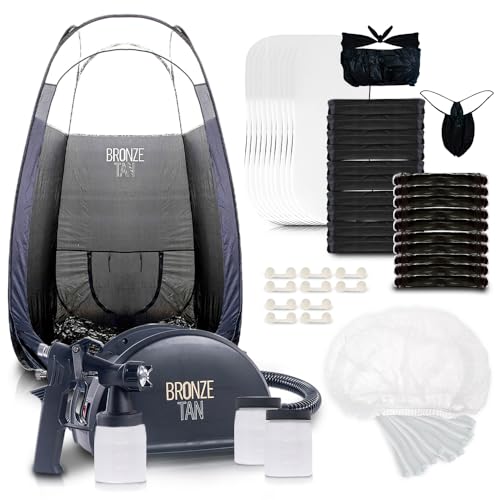 Bronze Tan Professional Spray Tanning Essentials Kit - Includes Machine, Quick-Setup Tent, Sticky Feet Pads, Hair Nets, Nose Plugs, Undergarments- Ideal for Salon & Home Use