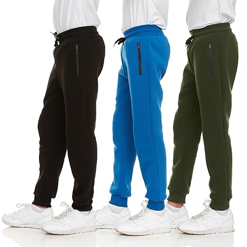 PURE CHAMP 3Pk Boys Sweatpants Fleece Athletic Workout Kids Clothes Boys Joggers with Zipper Pocket and Drawstring Size 4-20 (SET5 Size 10/12)
