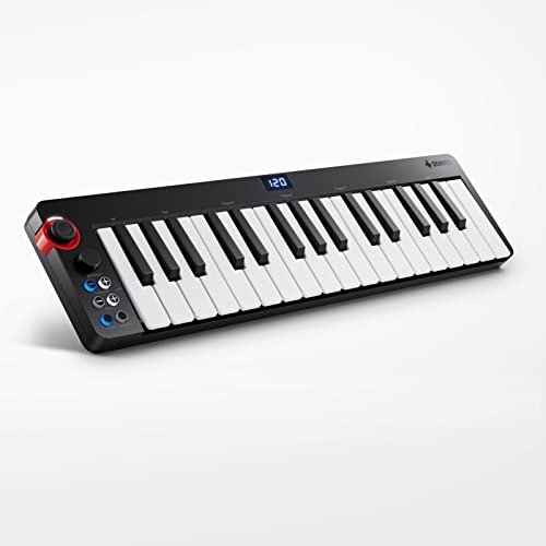 USB MIDI Keyboard Controller MINI 32-Key, Donner N-32 with Screen, Sequencer, Chord, Bend Sound Effects By Light-up Joystick for Mac/PC, Music Production Software, 40 Free Courses