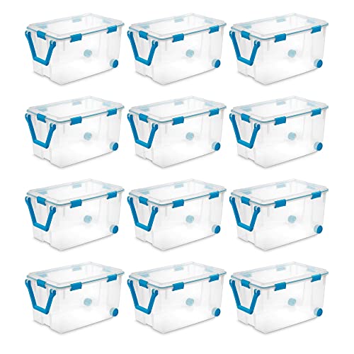 Sterilite 120 Qt Wheeled Gasket Box, Stackable Storage Bin with Latching Lid, Handle and Tight Seal Plastic Container with Clear Base and Lid, 12-Pack