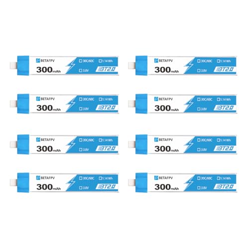 BETAFPV 8pcs BT2.0 300mAh 1S Battery 3.8V 30C/60C FPV Lipo with 1.0mm Banana Connector for FPV Tiny Whoop 1S Brushless Whoop Drone Like Cetus FPV Kit Meteor65 Micro Whoop Drone