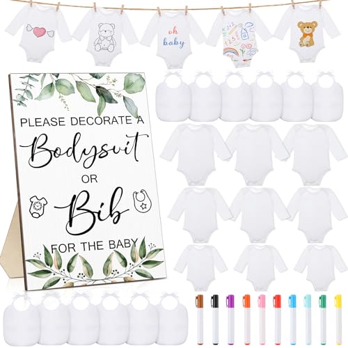 Panitay 43 Pcs Baby Shower Games White Baby Bibs Bodysuit Design Games Prizes, Include Wooden Game Sign with 15 Blank White Bibs 15 Newborn Bodysuit 12 Marker for Baby Shower Gender Reveal Party
