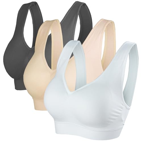 KINYAOYAO Women's 3-Pack Seamless Post-Surgery Bra Sports Bra with Removable Pads Black-White-Beige