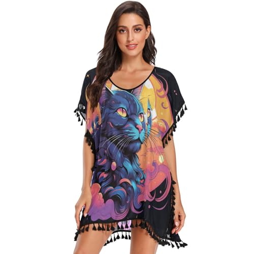 Cat Moonlight Art Women's Beach Cover Up Chiffon Tassel Swimwear Swimsuit Coverups for Girl