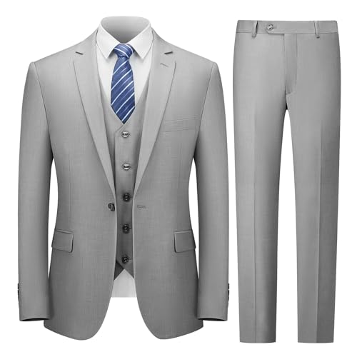 Cooper & Nelson Men's Suit Slim Fit, 3 Piece Suits for Men, One Button Jacket Vest Pants with Tie, Tuxedo Set Light Grey XS
