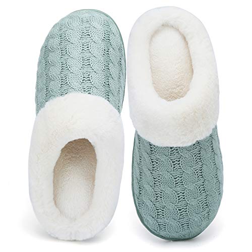 Slippers for Women Memory Foam Knitted Fur Collar House Shoes Anti-Skid Sole for Indoor & Outdoor (Green, L)