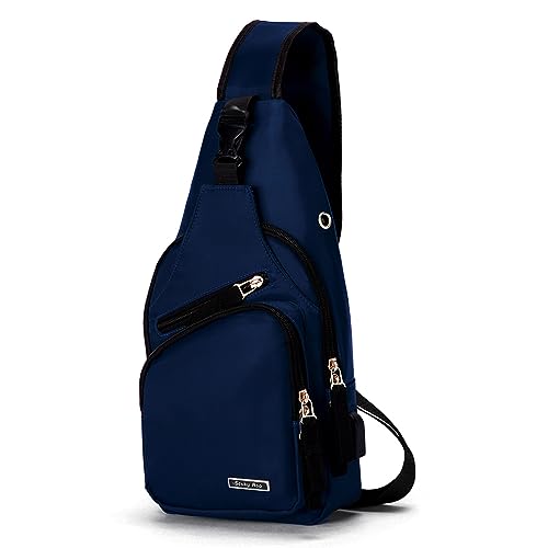 Seoky Rop Sling Bag for Men Women Crossbody Shoulder Bag Travel Hiking Water Resistant Sling Backpack with USB Charging Port Small Dark Blue