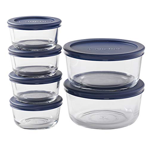 Anchor Hocking Round Food Storage Containers with Blue SnugFit Lids, (12-piece, mixed sizes, BPA free, glass tempered tough for oven, microwave, fridge, and freezer)