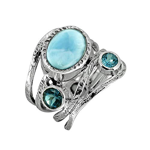 YoTreasure Natural Larimar London Blue Topaz Solid 925 Sterling Silver Designer Bypass Ring Jewelry