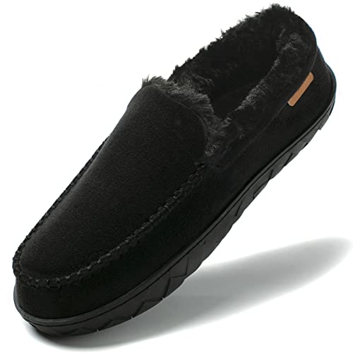 NewDenBer Men's Warm Moccasin Slippers Memory Foam Suede Soft Plush Shearling Lined Slip on Indoor Outdoor House Shoes (11 D(M) US, Black/Black)