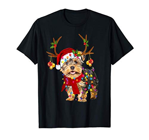 Yorkie Lovers Merry Christmas Yorkie Reindeer Color Lights T-Shirt
