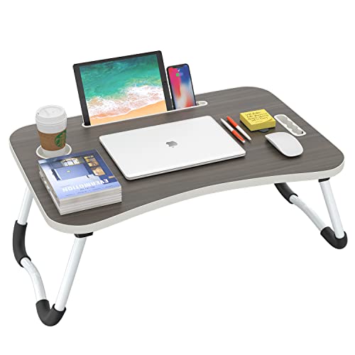 BUYIFY Folding Lap Desk, 23.6 Inch Portable Wood Black Laptop Bed Desk Lap Desk with Cup Holder, for Working Reading Writing, Eating, Watching Movies for Bed Sofa Couch Floor