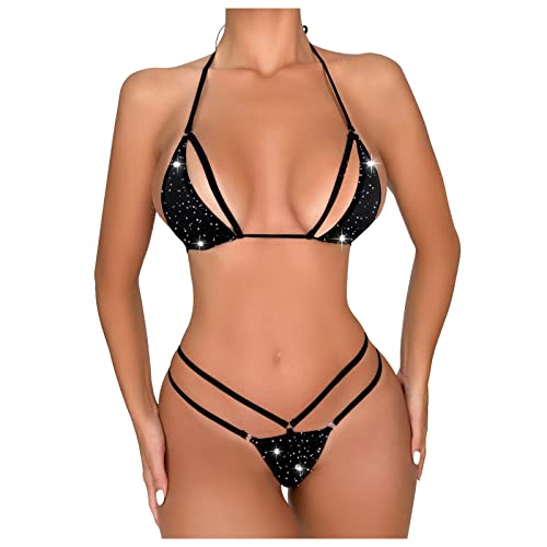 Womens Sexy Two Piece Lingerie Sets Sparkle Rhinestones Bra and Panty Sets Strappy Underwear Teddy Babydoll Nightie Black