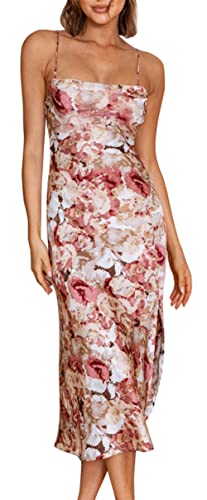 UTNISAN Women's Cowl Neck Spaghetti Strap Satin Slip Wedding Guest Formal Midi Evening Dress 2030 (M, Wine Floral)