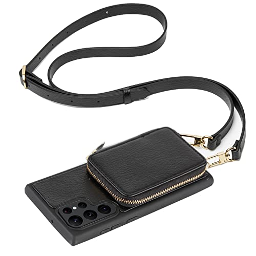 ZVE Samsung Galaxy S22 Ultra Case Wallet, Zipper Phone Case Purse with RFID Blocking Card Holder Wrist Crossbody Strap Handbag Present Cover for Samsung S22 Ultra, 6.8',2022-Black