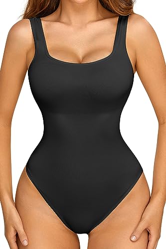 FLORATA Square Neck Bodysuit for Women Sexy Ribbed Sleeveless Tank Tops Bodysuits