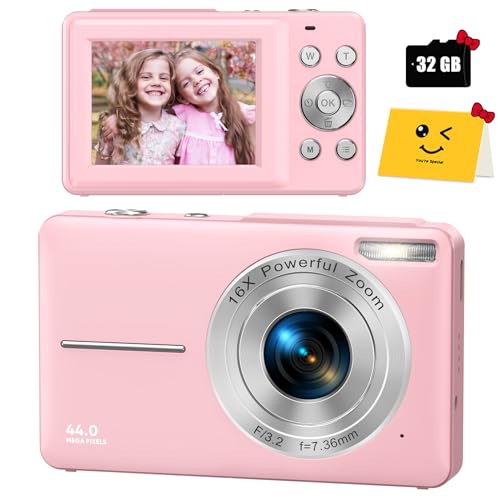 Digital Camera, FHD 1080P Digital Camera for Kids with 32GB SD Card Compact Point and Shoot Camera 16X Zoom Anti Shake Portable Cameras Small Camera for Teens Boys Girls Seniors with Best Wishes Card