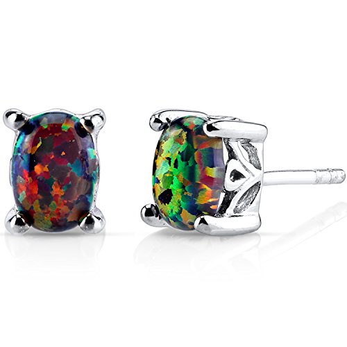Peora Created Black Fire Opal Earrings for Women 925 Sterling Silver, Scroll Gallery Solitaire Studs, 1 Carat Total Oval Shape 7x5mm, Friction Back