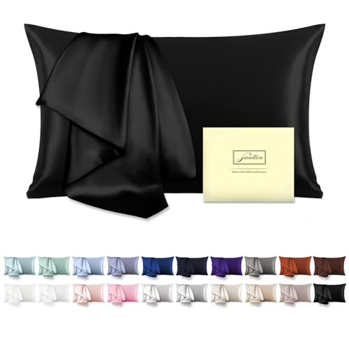 Natural Mulberry Silk Pillowcase with Hidden Zipper for Hair and Skin Standard Size 20'X 26' Soft Breathable Smooth Cooling Pillow Covers for Sleeping(Black,1Pcs)