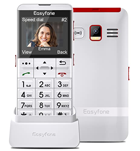 Easyfone Prime-A7 4G Big Button Cell Phone for Seniors | Easy-to-use | Clear Sound | 2.0'' HD Display | SOS Button w/GPS | Unlocked (T-Mobile & MVNOs) | 1500Mah Battery and Charging Dock (White)