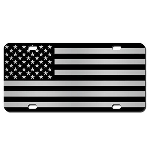 JASS GRAPHIX Not Made in China American Flag License Plate Matte Black on 1/8' Brushed Aluminum Composite Heavy Duty Tactical Patriot USA Car Tag (Black on Brushed)