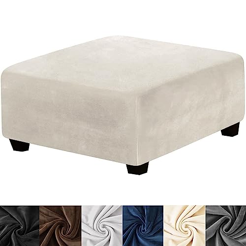 HFCNMY Ottoman Cover Square,Stretch Velvet Square Ottoman Cover Thick Ottoman Slipcover Square Washable Storage Ottoman Cover Foot Stool Cover with Elastic Bottom for Living Room Beige Medium