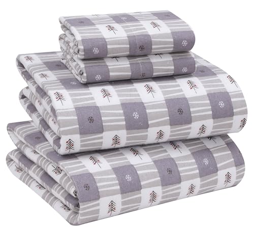 RUVANTI Flannel Sheets Queen Size - 100% Cotton Brushed Flannel Bed Sheet Sets - Deep Pockets 16 Inches (fits up to 18') - All Seasons Breathable & Super Soft - Warm & Cozy - 4 Pcs - Snow Stroke