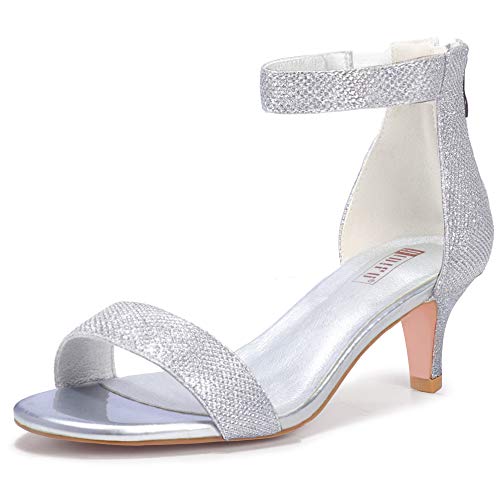 IDIFU Women's Silver Heels Size 5.5 Kitten Heels for Women IN2 Low Heels for Women Dressy Open Toe Heels with Zipper Bridesmaid Shoes On Wedding Evening