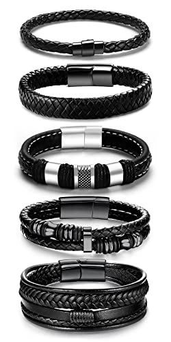 LOWNOUR Black Leather Bracelets for Men Women 5pcs Mens Bracelet Leather and Steel Braided Cuff Bracelets