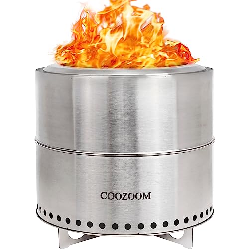COOZOOM 19 Inch Large Smokeless Fire Pit with Stand Portable Stainless Steel Bonfire Pit Outdoor Wood Burning Firepit for Outside Patio Camping with Carry Bag