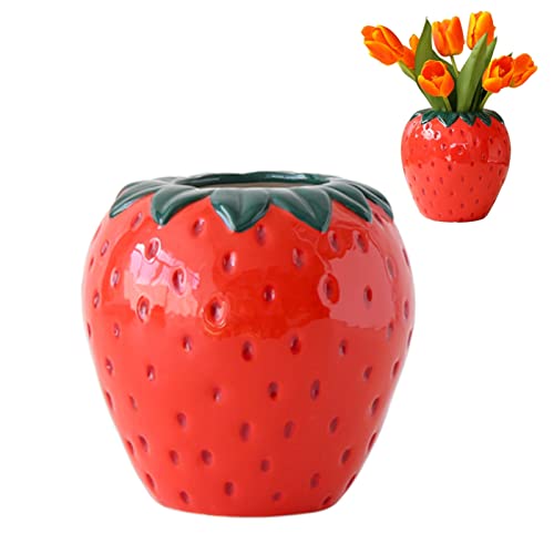 Vintage Strawberry Ceramic Vase, Decorative Ceramic Vase Unique Home Decoration Vase Ornament for Danish Pastel Room Trendy Unique Home Kitchen Garden Office Accent Decor Decorations Gifts (RED)