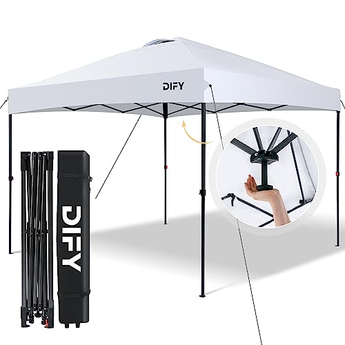DIFY 10 x 10FT Pop Up Canopy with Roller Bag, Instant Canopy with 1 Center Button, EZ-up Canopy for Outdoor Activities, Beach, Parties.(White)