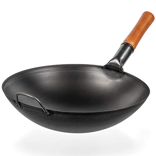 YOSUKATA Carbon Steel Wok Pan - 14 “ Woks and Stir Fry Pans - with Round Bottom Wok - Traditional Chinese Japanese Woks - Black Steel Wok