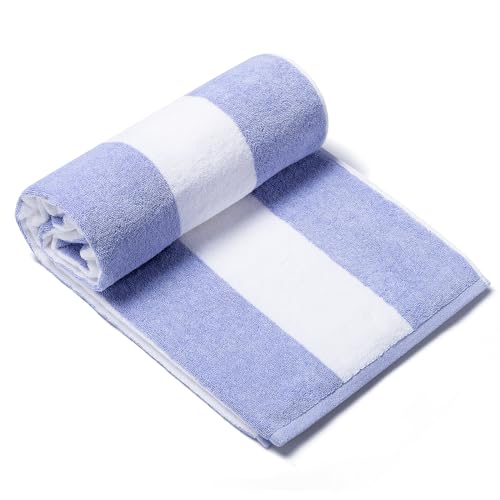 CLOWOOD Plush Oversized Beach Towel - Bamboo Cotton 40 x 72 Inch Large Thick Blue Striped Cabana Pool Swimming Towel