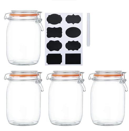 Encheng 32 oz Wide Mouth Mason Jars With Airtight Hinged Lids, Leak Proof Rubber Gasket - 1000ml Glass Storage Containers, Set of 4