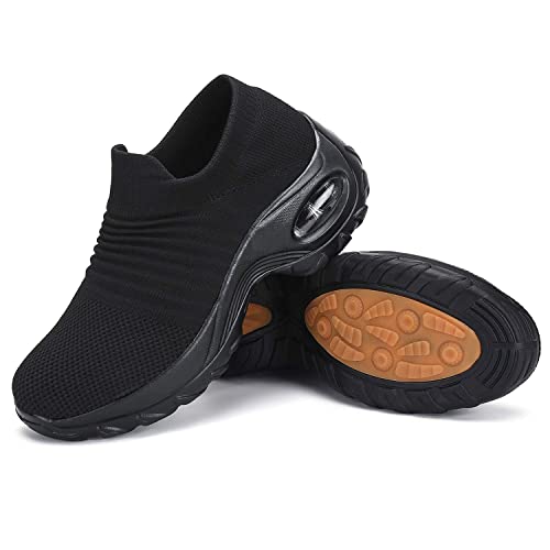 Womens Walking Shoes Mesh No Slip Air Cushion Lady Sock Sneaker Comfortable Platform Work Shoes Slip Resistant Nursing Shoes Black 7.5