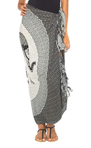 SHU-SHI Womens Sarong Beach Swimsuit Cover Up Wrap Bikini Coverups Elephant Mandala Grey and White