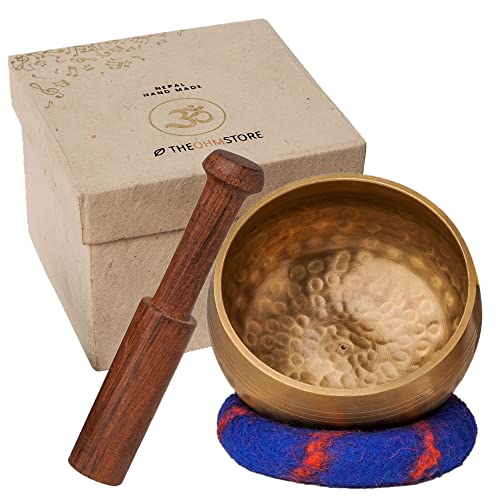 Ohm Store Tibetan Singing Bowl Set — Meditation Sound Bath Bowl and Wooden Striker with Lokta Gift Box — Hand Hammered Nepali Instrument for Yoga, Chakra Healing and Stress Relief