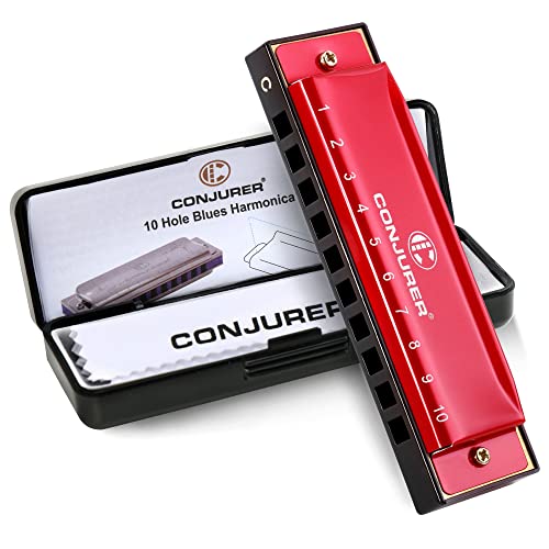 CONJURER Blues Harmonica for Kids Adult Beginners 10 Hole Diatonic Harmonica Key of C, Brass Reed Metal Mouth Organ C Key Blues Harp with Case, Red