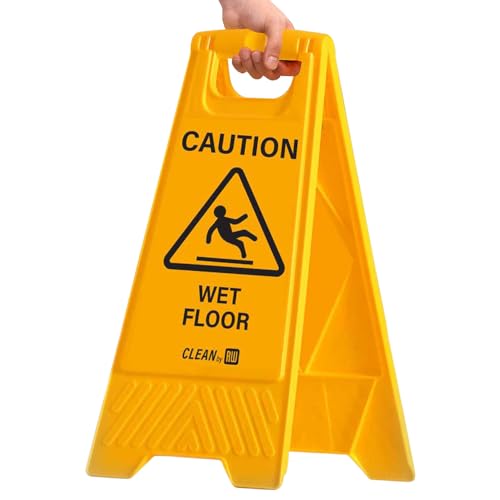 Restaurantware RW Clean 11.8 x 2 x 24.4 Inch Wet Floor Sign 1 Double-Sided Caution Sign - Built-In Handle Foldable Yellow Plastic Cleaning Signs For Commercial Use