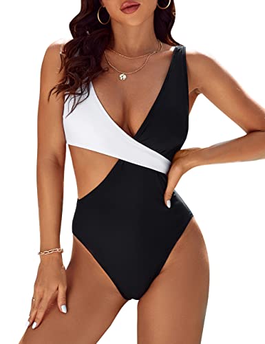 Blooming Jelly Womens One Piece Cutout Swimsuits Sexy High Cut Bathing Suits Cheeky Color Block Monokini (Large, Black & White)