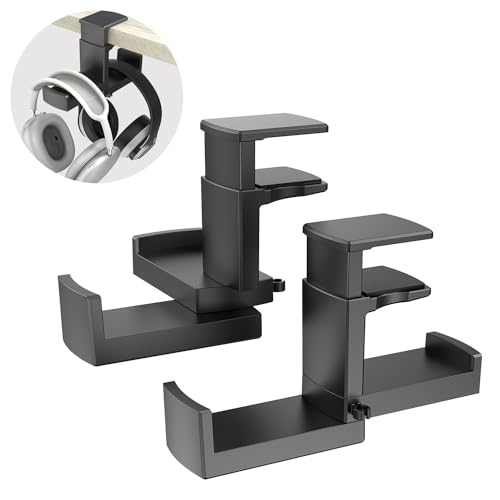 (2 Pieces) PC Gaming Headphone Stand - EURPMASK Dual Headset Hanger Hook Holder with Adjustable & Rotating Arm Clamp, 2 in 1 Headphone Controller Stand Under Desk wi/Cable Clip Organizer - Black